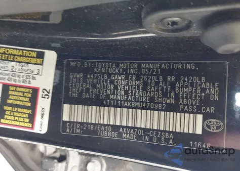 2021 Toyota Camry Se z USA, uszkodzony, nr VIN 4T1T11AK8MU470982